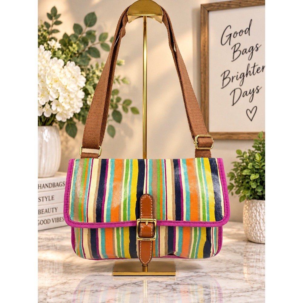 Fossil Key-Per Coated Canvas Crossbody Bag Multi-Color Stripe Bird Print Lining